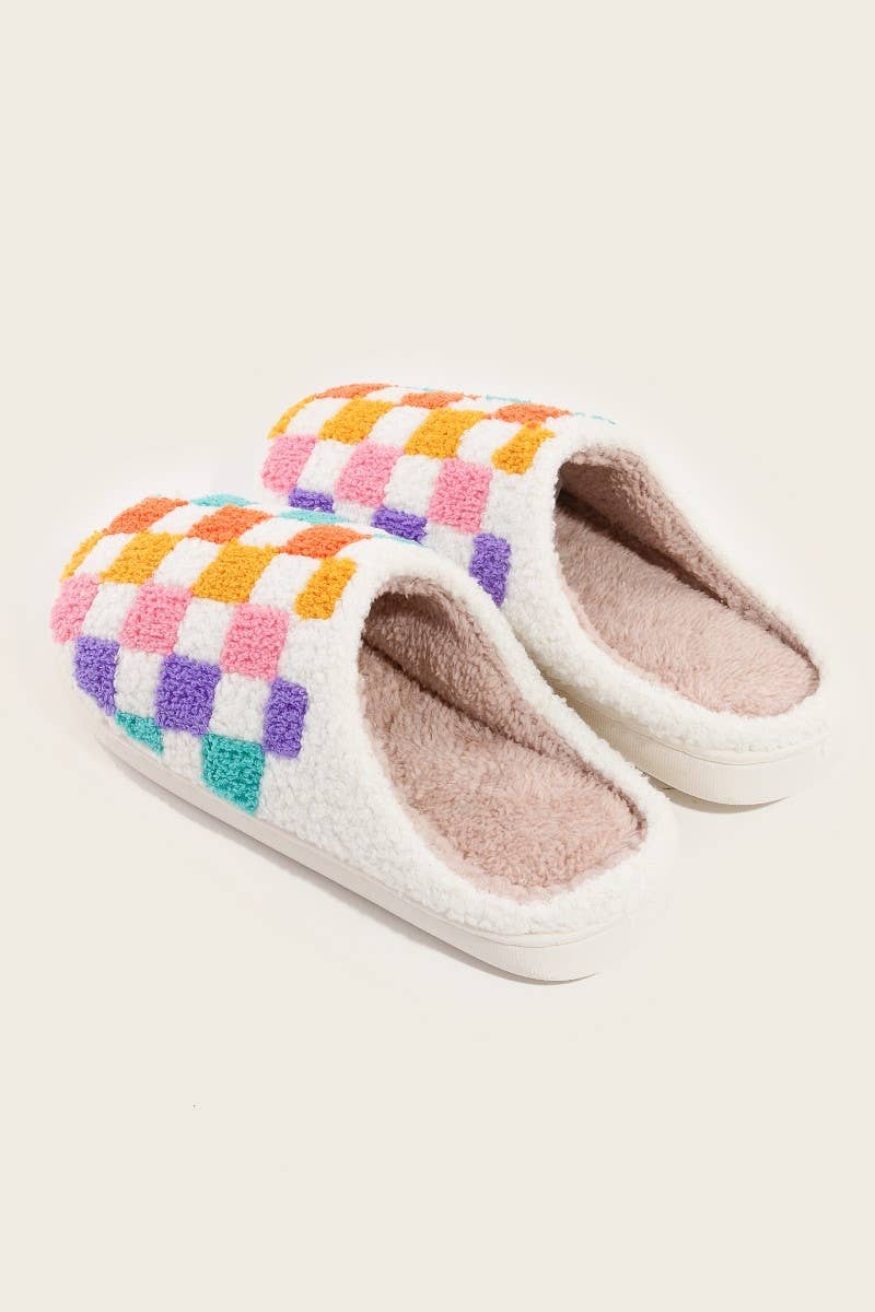 Vibrant Colorful Checkered Fuzzy Slippers