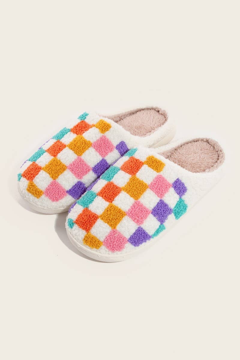 Vibrant Colorful Checkered Fuzzy Slippers